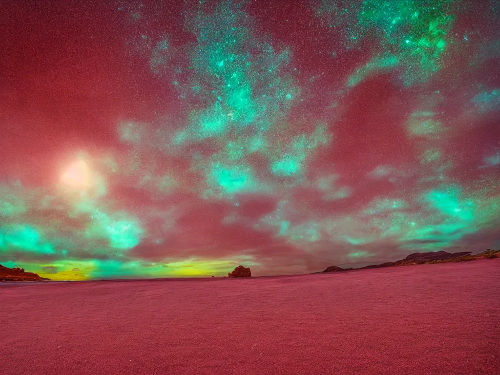 Image similar to purple refrigerator, red sand beach, green ocean, nebula sunset