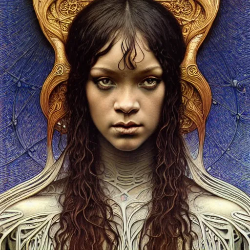 Prompt: detailed realistic beautiful young medieval alien robot rihanna face portrait by jean delville, gustave dore and marco mazzoni, art nouveau, symbolist, visionary, gothic, pre - raphaelite. horizontal symmetry by zdzisław beksinski, iris van herpen, raymond swanland and alphonse mucha. highly detailed, hyper - real, beautiful, fractal baroque