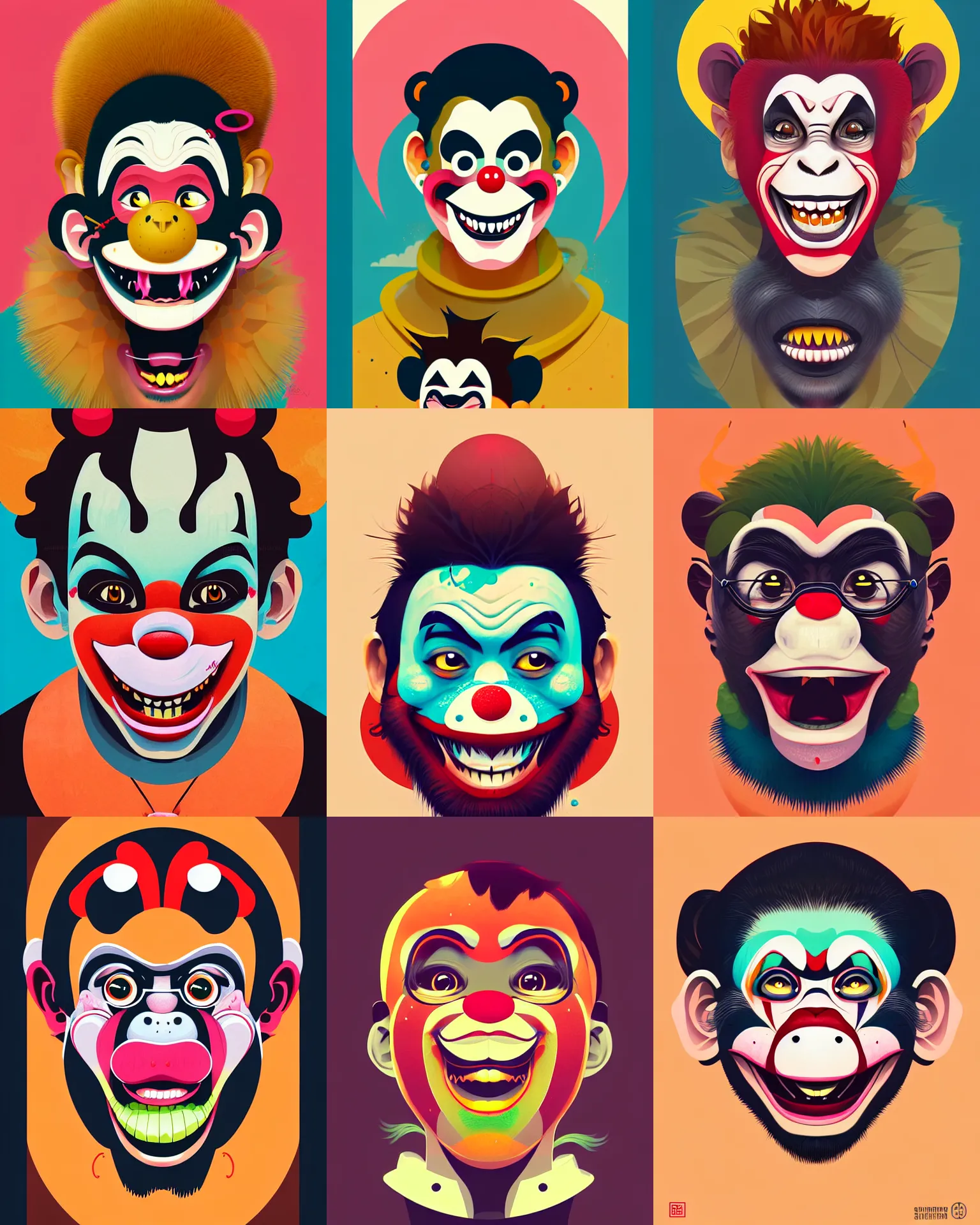 Prompt: a vector based illustration of a grinning monkey with clown makeup, by sachin teng and loish, vibrant, vector art, award winning, stunning, trending on art station, highly detailed