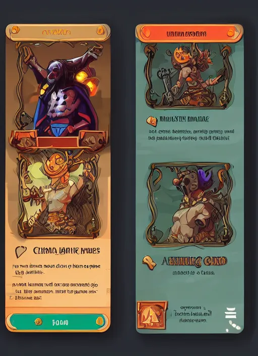 Image similar to character concept art with trading card ui and ornate border frame