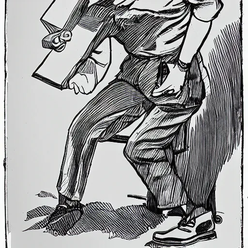 Prompt: line art drawing of a caricature of a painter with big shoes and a life-sized brush