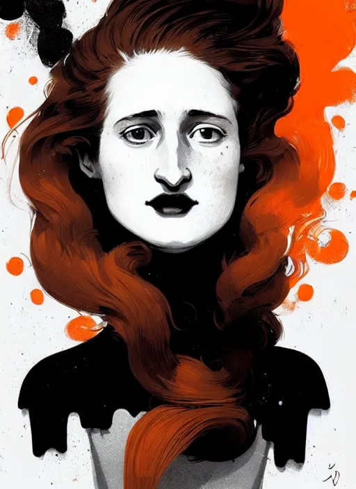 Image similar to highly detailed closeup portrait of beautiful grace gummer as dom dipierro, wavy ginger hair, black dress, by atey ghailan, by greg rutkowski, by greg tocchini, by james gilleard, by joe fenton, by kaethe butcher, gradient orange, black and white color scheme, grunge aesthetic!!! ( ( graffiti tag wall background ) )