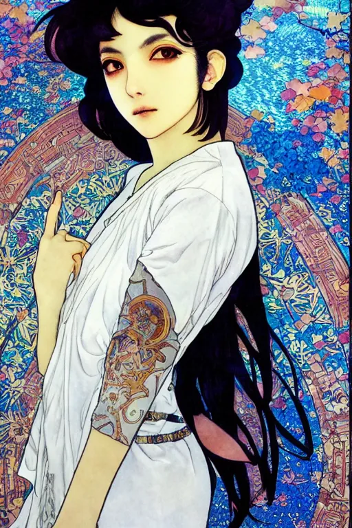 Image similar to beautiful medium shot manga portrait of mahmood inspired by ayami kojima with short hair dressed with a white t - shirt, white background white bank studio light, art by yoshitaka amano, alfons mucha, hiroaki samura, jiro matsumoto and yusuke murata, sharp focus, high quality, 8 k