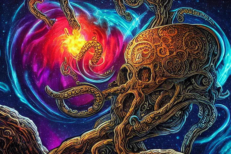 Image similar to a giant skull with intricate rune carvings and glowing eyes with lovecraftian tentacles emerging from a space nebula by dan mumford, twirling smoke trail vortex, twisting galaxies, digital art, photorealistic, vivid colors, highly detailed, intricate