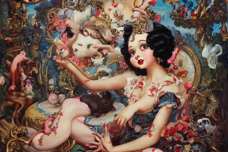 Prompt: betty boop tiktok advertisement by james jean + robert williams + von franco, oil on canvas, exquisitely intricate details, surrealism, neoclassicism, renaissance, hyper realistic, ultra detailed, cell shaded, 8 k