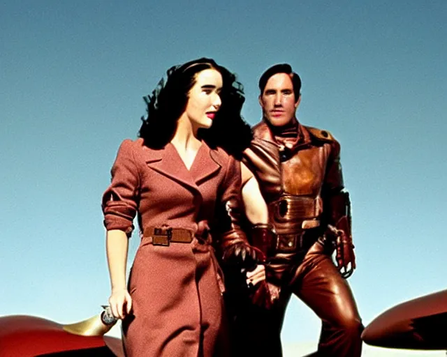 Prompt: a color movie still from the modern film the rocketeer featuring young jennifer connelly in her role as jenny blake ; color