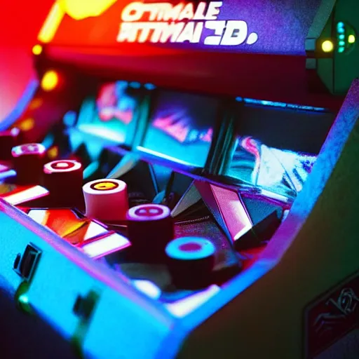 Image similar to 1990s arcade machine, octane render, unreal engine, digital art, Artstation, Trending on Artstation, cgsociety, Pinterest, 8k , close up to the screen, godrays, volumetric, reflections, cinematic, epic, accurate, coherent,