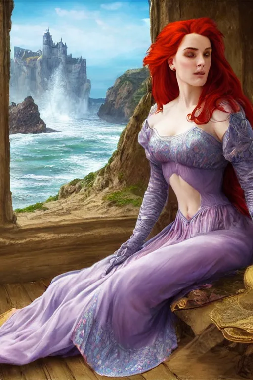 Image similar to a hyperdetailed matte painting of triss merigold as a princess asleep on a bed in a tower, sleeping beautry, window overlooking cliffs and crashing waves in the background, highly detailed, deep focus, elegant, digital painting, smooth, sharp focus, ultra realistic, 8 k, art by artgerm and alphonse mucha