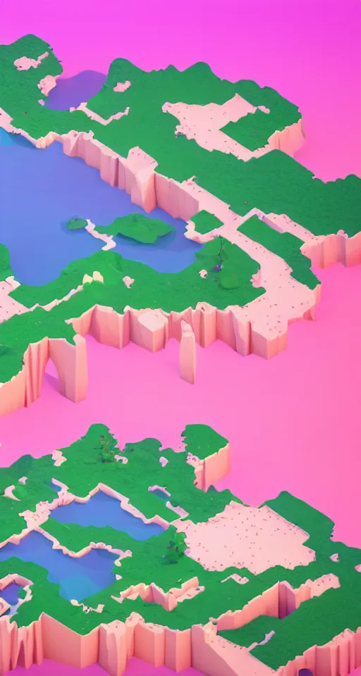 Image similar to matte 3d low poly cherry blossom island, pink waterfalls, isometric perspective on sky background, soft shadows, lat lighting, trending on artstation, 3d render, monument valley, fez video game,