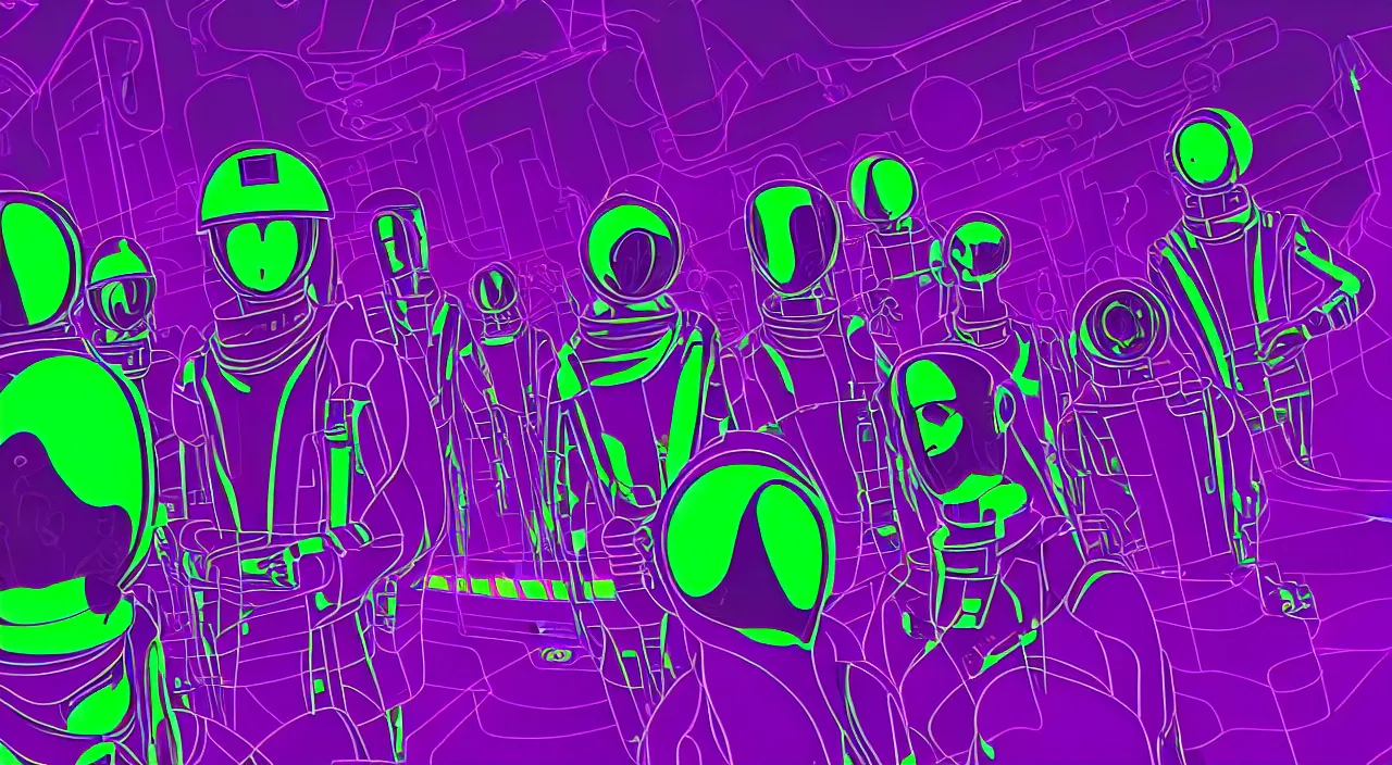 Prompt: hyper detailed bauhaus neon purple & green propaganda poster of mars workers from the 2050s cinematic lighting 8k sharp wide angle shallow depth of field