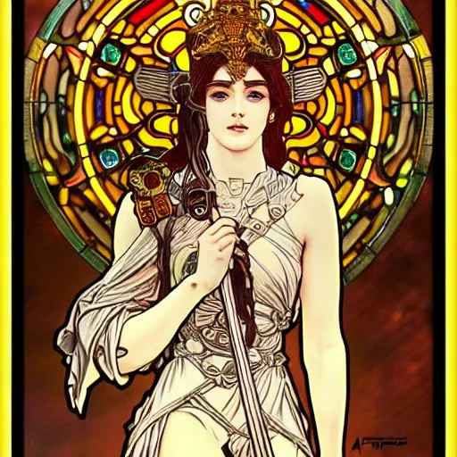 Prompt: photo realistic, realistic, very detailed, female goddess of war holding a laser highly detailed features retrofuturistic sci - fi, anime style, high quality, transparent high diffusion glass, toilet paper, portapotty, intricate, very intricate stained glass by alphonse mucha by taras shevchenko