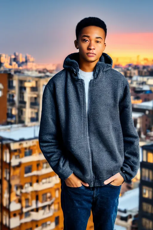 Image similar to un ultra high definition studio quality photographic art portrait of a young man standing on the rooftop of an apartment building wearing all eclectic soft padded clothing. three point light. extremely detailed. golden hour, golden ratio, ray tracing, volumetric light, shallow depth of field. set dressed.