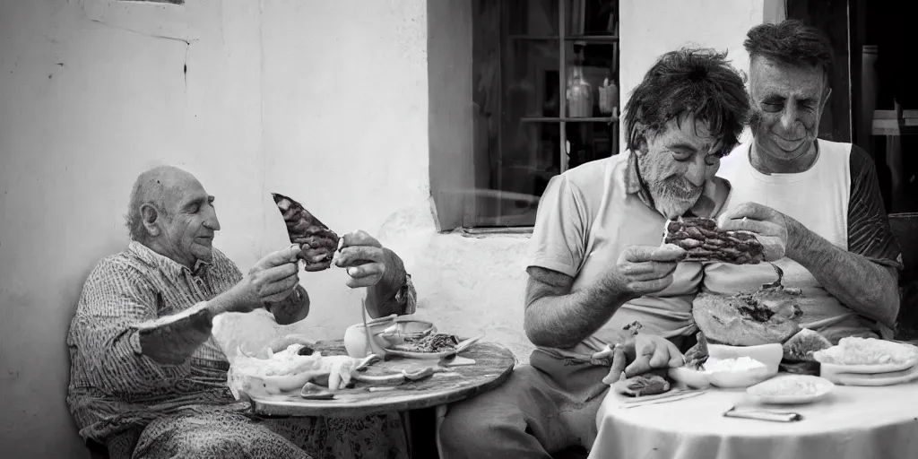 Image similar to photography of a cat sharing mortadella with his loved owner at a trullo house, photoreal, 3 5 mm, award winning photography