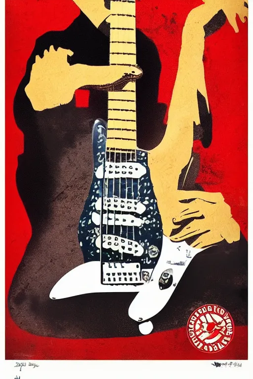 Prompt: “Fender Stratocaster in a Soviet propaganda poster, in the style of Dmitry Moor”