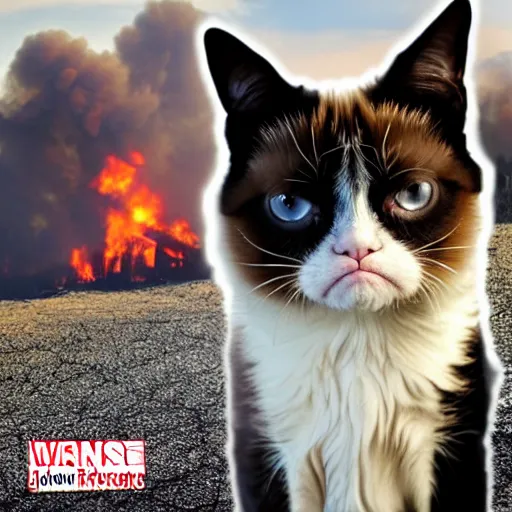 Image similar to <photo hd attention-grabbing>grumpy cat looks into the camera knowingly as a house burns in the background - inspired by disaster girl</photo>