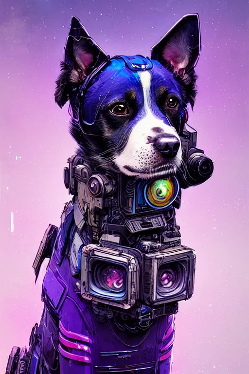 Image similar to a beautiful portrait of a cute cyberpunk dog by sandra chevrier and, greg rutkowski and wlop, purple blue color scheme, high key lighting, volumetric light, digital art, highly detailed, fine detail, intricate, ornate, complex, octane render, unreal engine, photorealistic