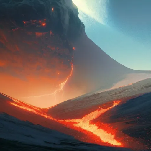 Image similar to volcano sputtering by john harris, craig mullins, greg rutkowski and alphonse mucha. ultra clear detailed. octane render. 8 k dslr