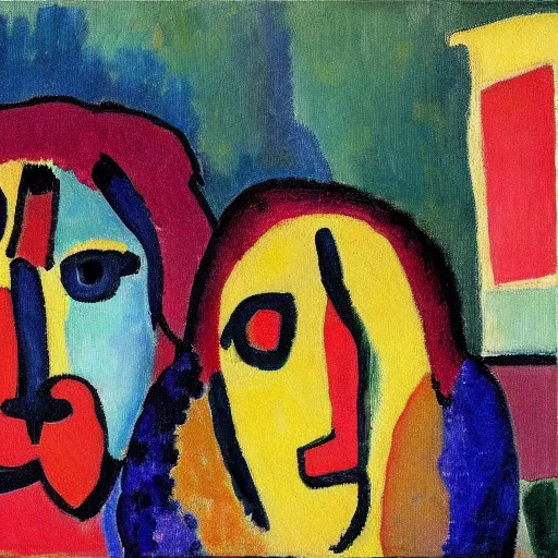 Prompt: painting of a lion female and a male, in a city, by alexej von jawlensky