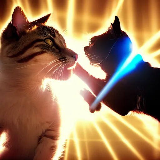 Prompt: cat fighting a dog in a boxing ring ,close up shot ,red and blue lighting,hyperdetailed,octan,lens flare, high quality