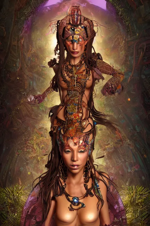 Image similar to cyberpunk aztec goddess in a zen rock garden, by Peter Kemp, by Artgerm, autumn, glamorous hairstyle, vermont fall colors, wearing translucent earthtone fashion, art nouveau by Brian Froud, berries, cosmic, gnostic, sacred geometry, by Alphonse Mucha, highly detailed concept painting with cinematic lighting, trending on art station