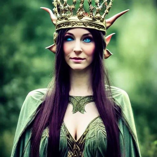 Image similar to photo of a real-life beautiful elven queen with ornate robes and crown