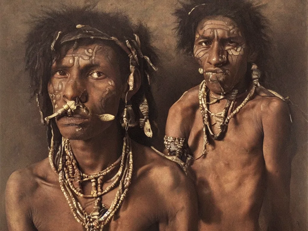 Image similar to Portrait of a tribal man, beautiful, with the face painted, jewelry. Painting by Caravaggio, August Sander