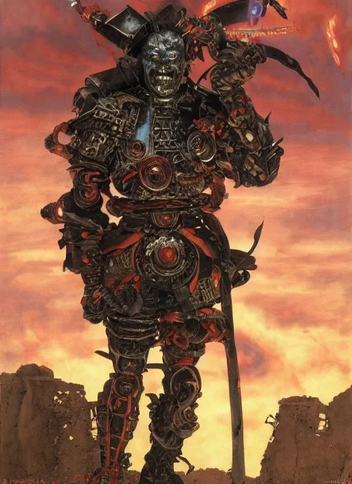 Image similar to portrait of a diabolical cyborg clown samurai, torn cape, adaptive armor, dynamic pose, heavy eyes to the side, ancient ruins, glowing veins subsurface scattering, in clouds, sunset, portrait, by gerald brom, by mikhail vrubel, by peter elson, muted colors, extreme detail, reflections, trending on artstation, 8 k