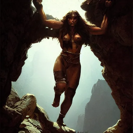 Image similar to a beautiful painting of a lone female barbarian emerging from a cave entrance with one arm raised, cinematic lighting by gerald brom and greg rutkowski,