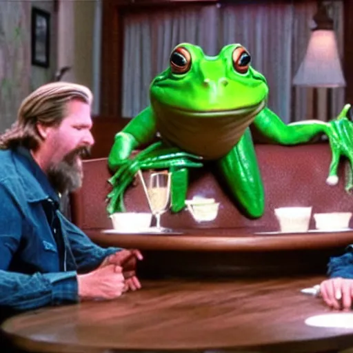 Image similar to a giant frog sitting with the big lebowski, jeff bridges the dude sitting at the table with a giant frog, realistic from the movie the big lebowski by the coen brothers, 8 k