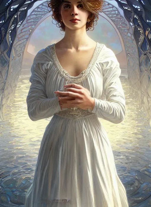 Image similar to full body portrait of a woman posing, short wavy hair, round face, intricate white dress, cottagecore!!, inside water, intricate, enlightened, highly detailed, digital painting, artstation, concept art, smooth, sharp focus, illustration, art by artgerm and greg rutkowski and alphonse mucha