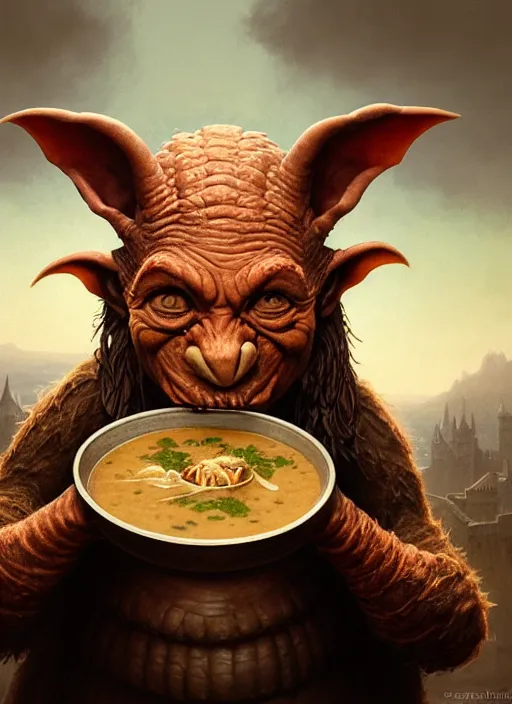 Prompt: highly detailed closeup portrait of a medieval goblin eating soup, stephen bliss, unreal engine, greg rutkowski, ilya kuvshinov, ross draws, hyung tae and frank frazetta, tom bagshaw, tom whalen, nicoletta ceccoli, mark ryden, earl norem, global illumination, god rays, detailed and intricate environment