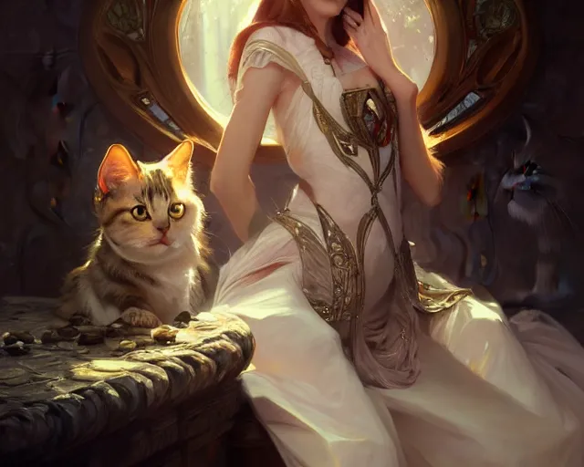 Image similar to photography of cat, fantasy, intricate, elegant, highly detailed, digital painting, artstation, concept art, matte, sharp focus, illustration, hearthstone, art by artgerm and greg rutkowski and alphonse mucha