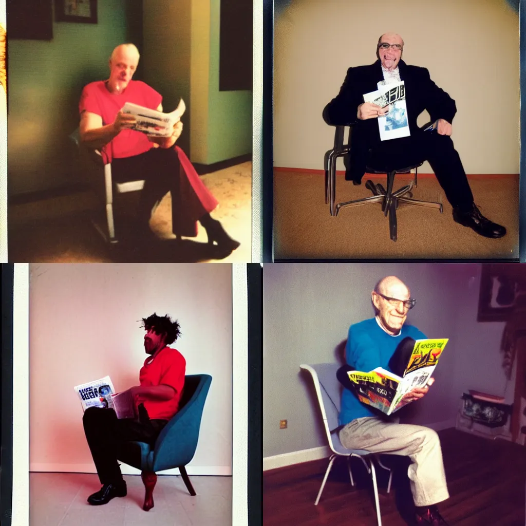 Prompt: a man sitting in a chair holding a magazine, a polaroid photo by phil foglio, instagram contest winner, neogeo, y 2 k aesthetic, 1 9 9 0 s, colorized