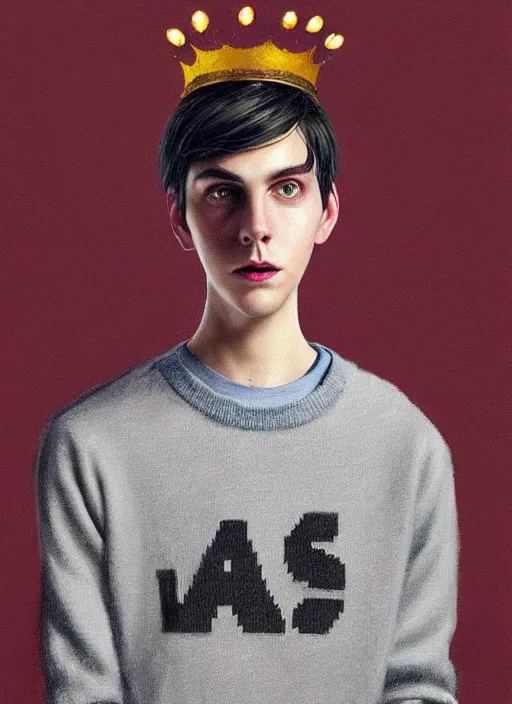 Image similar to portrait of teenage jughead jones wearing a light grey crown, photorealistic, crown, eyes closed, crown, black hair, sweater with letter s on it, letter s, intricate, elegant, glowing lights, highly detailed, digital painting, artstation, concept art, smooth, sharp focus, illustration, art by wlop, mars ravelo and greg rutkowski