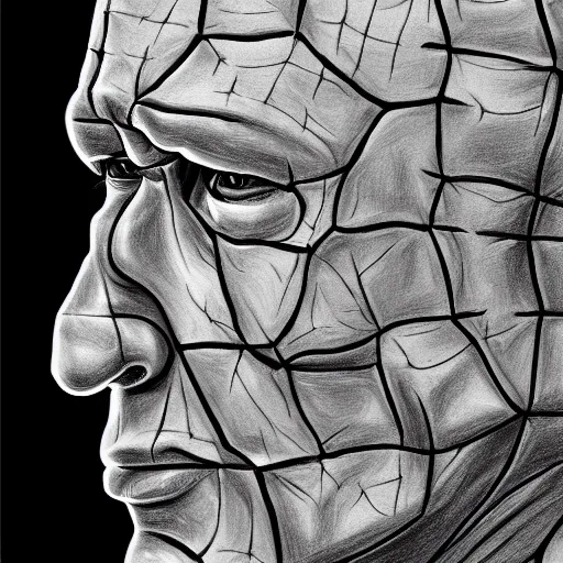 Image similar to drawing of john cena as pinhead from hellraiser, pencil drawing, ultra realistic, intricate details, black and white, hd, 8 k, artstation