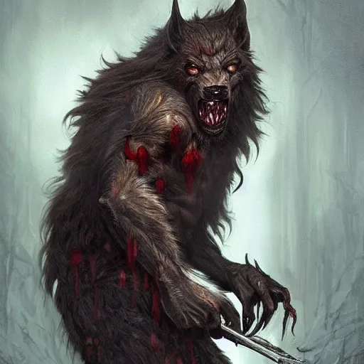 Image similar to Dark Fantasy Painting of a werewolf with blood dripping from its mouth, creepy, unsettling, horror, upper body, intricate, wild, highly detailed, digital painting, artstation, concept art, smooth, sharp focus, illustration, art by artgerm and greg rutkowski and alphonse mucha