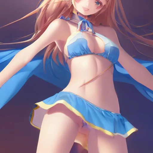 Image similar to a very beautiful young megumin, full body, long wavy blond hair, sky blue eyes, full round face,, bikini, miniskirt, front view, mid - shot, highly detailed, cinematic wallpaper by stanley artgerm lau