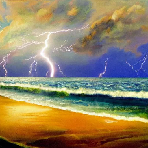 Image similar to a painting of a landscape panorama of a cozy seaside village with a menacing lightning storm on the ocean horizon, vivid colors, by anthony micallef by camille rose garcia,