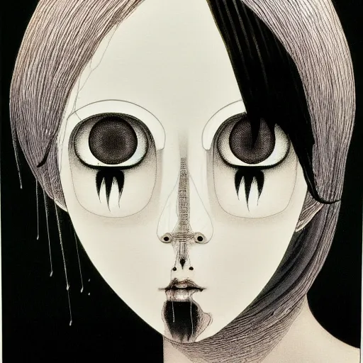 Image similar to prompt: Black and white Fragile looking vessel portrait face drawn by Katsuhiro Otomo, nymph in the water performing alchemy, intricate oil painting, soft light, intricate detail, intricate oil painting detail, sharp high detail, manga and anime 2000