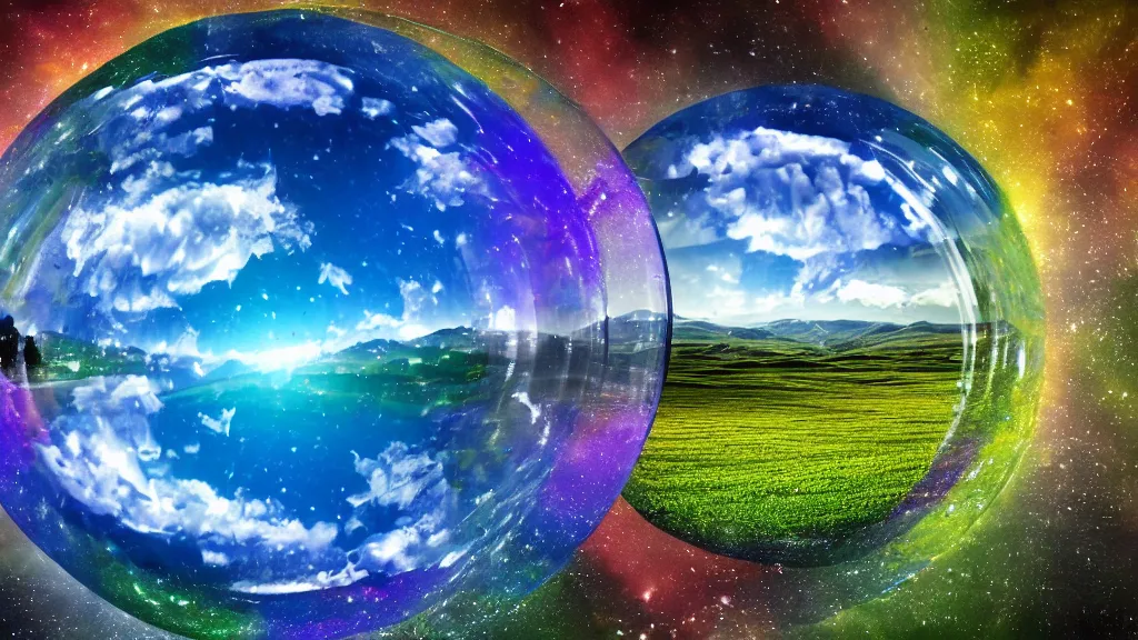 Prompt: a highly detailed 4 k photograph of the windows xp bliss wallpaper inside of a giant floating soap bubble, shattering in a glassy and intricate sky.