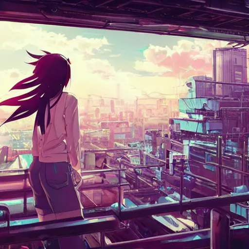 Prompt: android mechanical cyborg anime girl overlooking overcrowded urban dystopia. long flowing soft hair. scaffolding. pastel pink clouds baby blue sky. gigantic future city. raining. makoto shinkai. wide angle. distant shot.