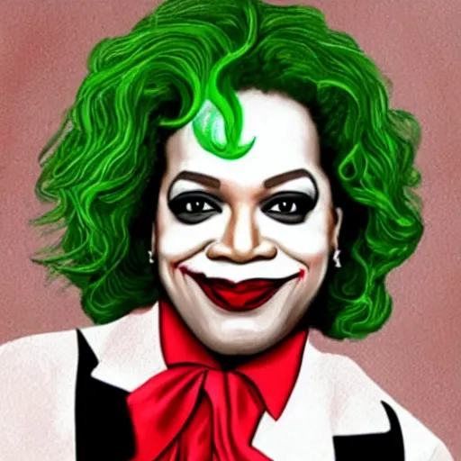 Prompt: a portrait of Oprah Winfrey dressed as The Joker