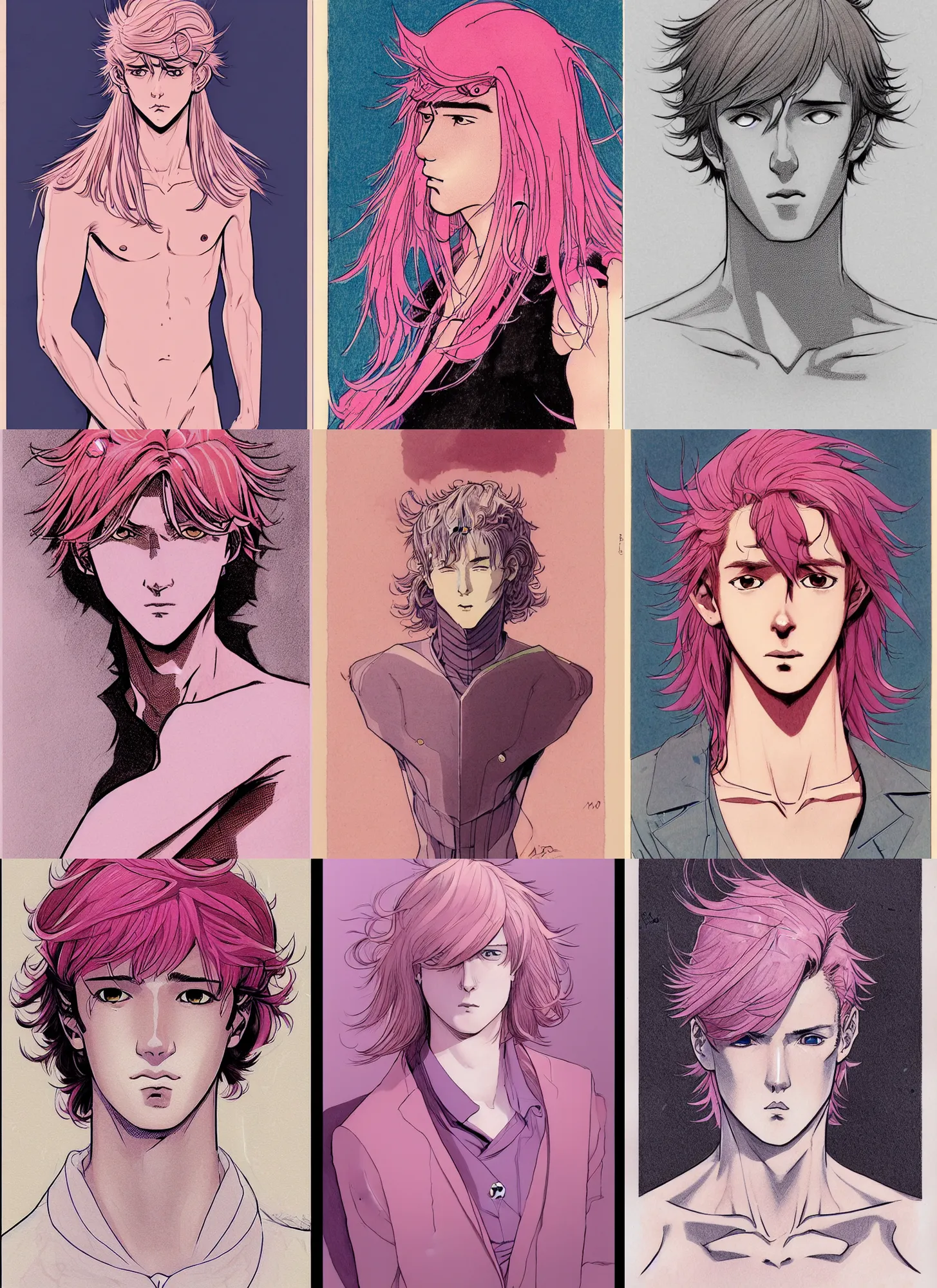 Prompt: young teen bishonen male! scrawny pink haired merman! sci - fi! moebius, milo manara, hugo pratt, french comic art, semi - realistic anime, portrait, beautiful face, symmetrical face, trending on pixiv, detailed, clean lines, sharp lines, crisp lines, award winning illustration, masterpiece, 4 k