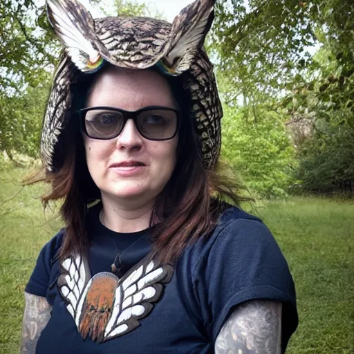 Prompt: photo of a woman with in owl armour
