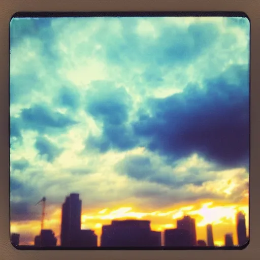 Prompt: instant photograph of the sky, polaroid, raw, beautiful, sunset, clouds, city