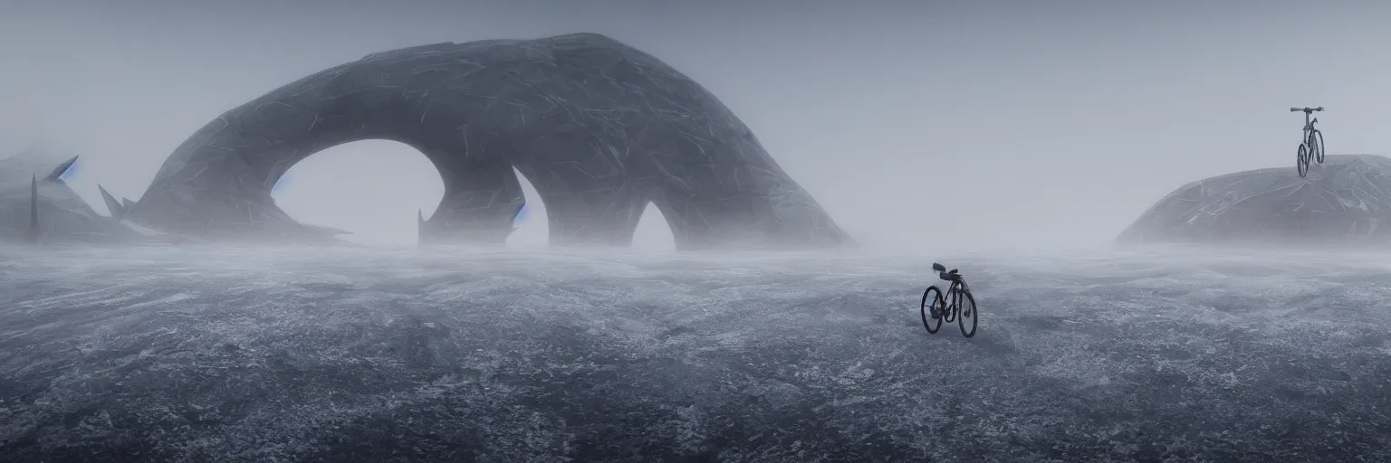 Image similar to desolated foggy cold landscape, tundra, fog , futuristic bike speeding, mountains with alien pylon outpost structure on top, fog, unreal engine 5, 4k, render, volumetric lighting, cinematic, hyperrealistic