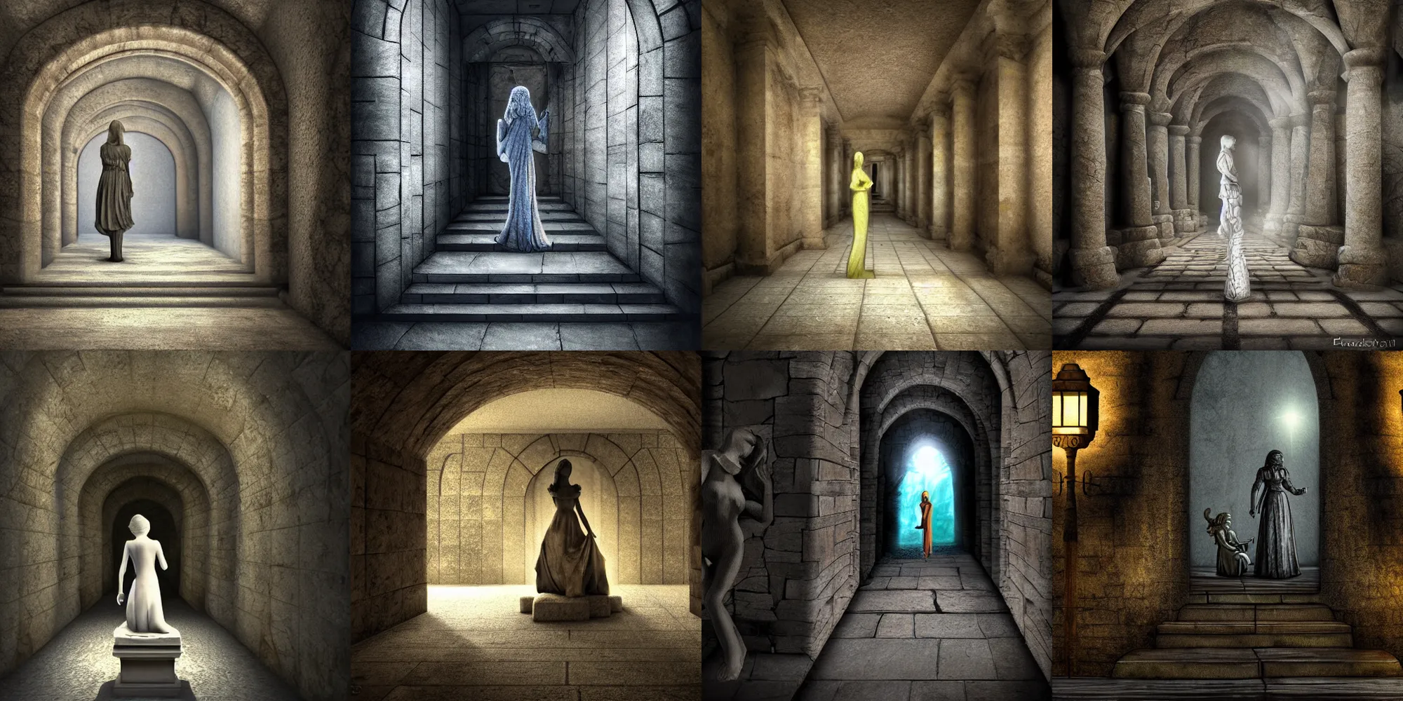 Prompt: stone hallway with statue of girl, statue breaking with the real girl coming out, fantasy art, 4 k, trending deviantart