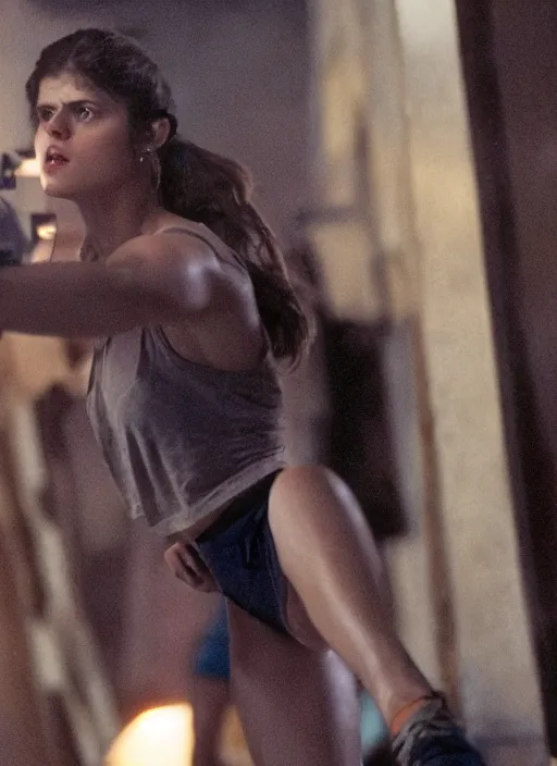 Image similar to film still of Alexandra Daddario as John McClane in Die Hard, 4k