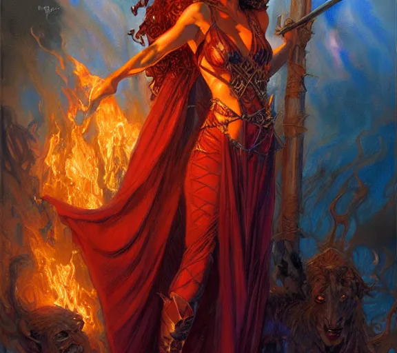 Prompt: The Fire Queen, beautiful young woman, fire, flames, dramatic, hyperdetailed | donato giancola, ralph horsley, Artem Demura | waist-up portrait | dungeons and dragons