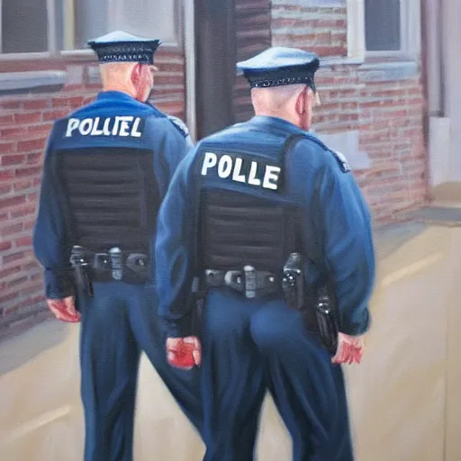 Image similar to hyperrealism painting of a police search of a suspicious person